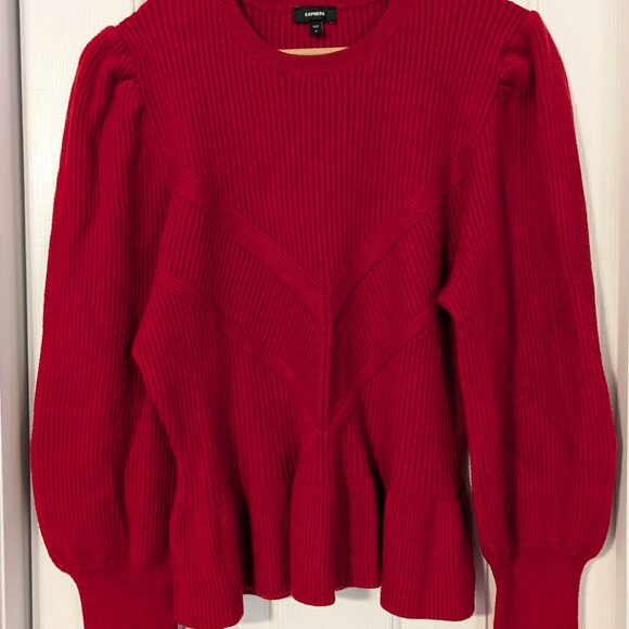 EXPRESS Ribbed Puff Sleeve Peplum Sweater - Picture 2 of 3
